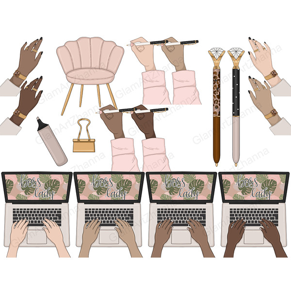 Set of pastel pink Boss Lady clipart. Planner office supplies. Women's hands with fashionable watches. Golden paper clip. Pink chair with wooden legs. Pens in f