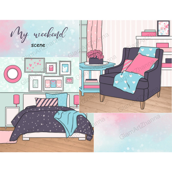 Girl's bedroom interior for relaxation, pajama party, day spa. The bed is covered with a duvet with a print of space and stars, pink and blue pillows and a beds