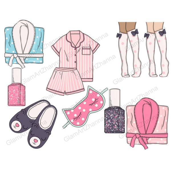 My weekend elements for relaxation and self care. Blue and pink bathrobes with white polka dot pattern, pink striped pajamas consisting of a shirt and shorts, l