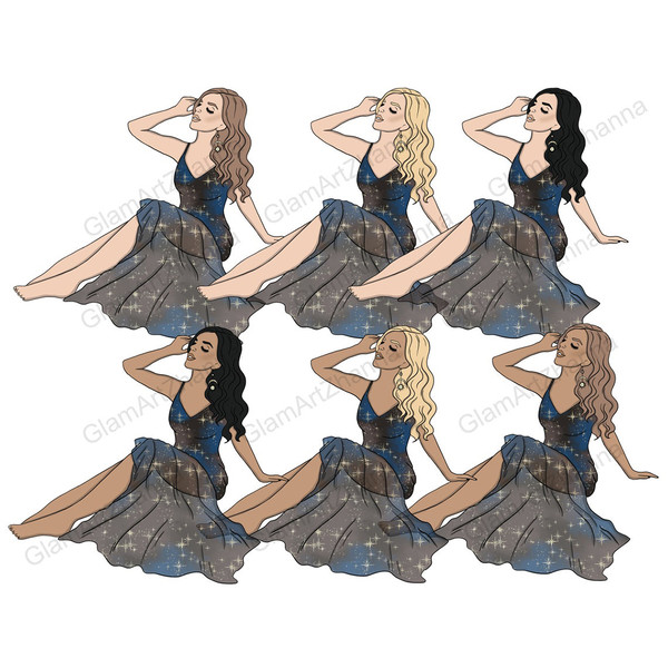 Zodiac girls. Celestial girls. Girls with earrings in the shape of a crescent and the sun in gray-blue dresses with a celestial space print of the starry sky ar