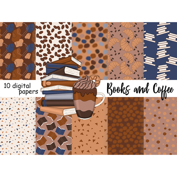 Books and coffee digital paper for crafting. Coffee beans digital backgrounds. White books on blue background patterns. Croissants with coffee beans seamless di