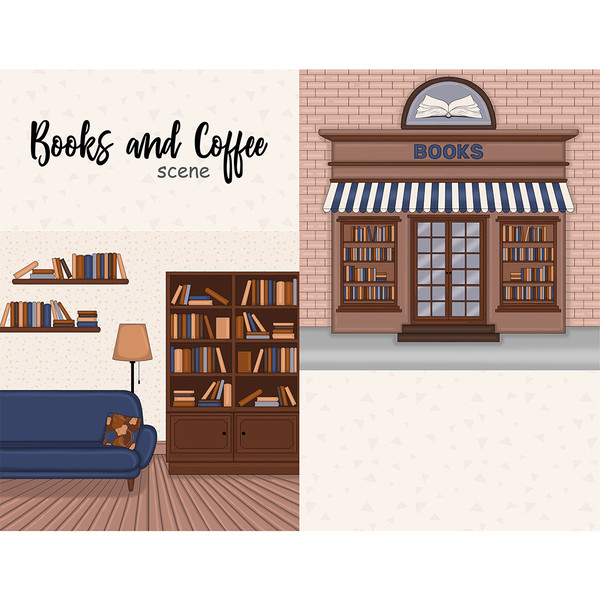 Interior of a living room with a library with a blue sofa, bookshelves and a floor lamp. The outdoor brick building of a bookstore with an open book sign with a