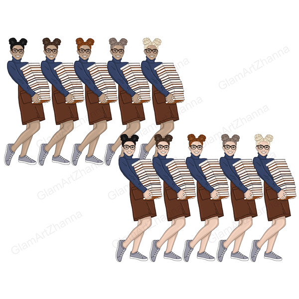 Clipart set of girls with books. A girl with buns in black glasses, a blue turtleneck, a brown skirt with a pocket and gray sneakers with white soles and white
