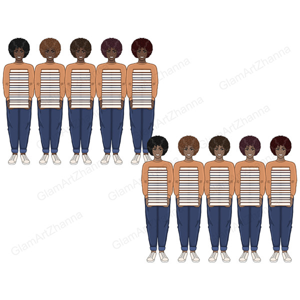 Clipart set of girls with books. An African-American girl with an afro hairstyle in black thin-rimmed glasses, in a brown sweater, blue folded jeans and gray sn