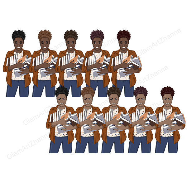 Clipart set of girls with books. Smiling african american girl in a white t-shirt with a print of brown and blue triangles, blue jeans with brown and blue books