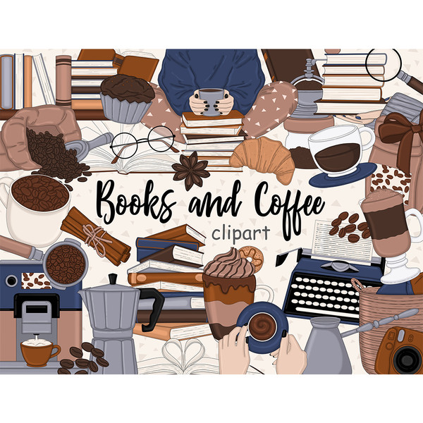 Books and coffee elements, coffee beans, coffee machine, coffee cup, typewriter, latte, basket with pillows, croissants, coffee grinder, cezve, roasted coffee.