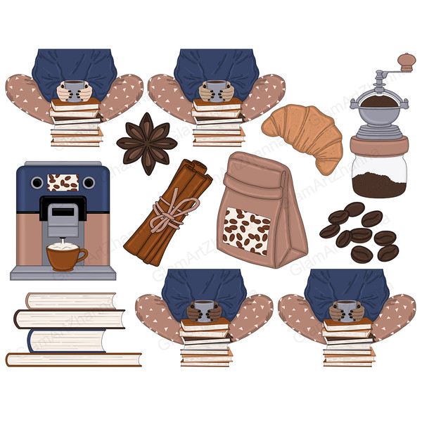 A girl in pajamas sits with a cup of coffee in her hands and next to a stack of books, a coffee machine, cinnamon sticks, cloves, a package of roasted coffee, c