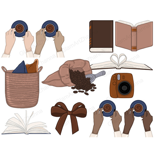 Top view cup of espresso in hands, closed book, open book, bag of roasted coffee beans, Folded Book Heart, pillow basket, brown bow