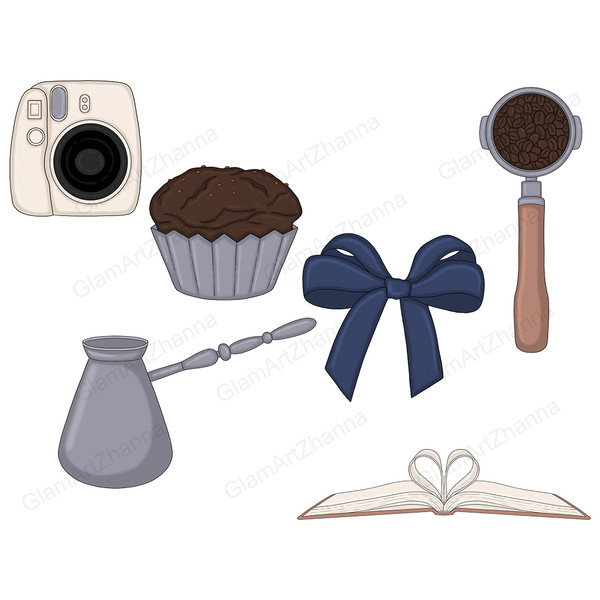 Camera, cupcake, coffee machine portafilter with coffee beans, blue bow, metal cezve, open book with pages folded in the shape of a heart, Folded Book Heart