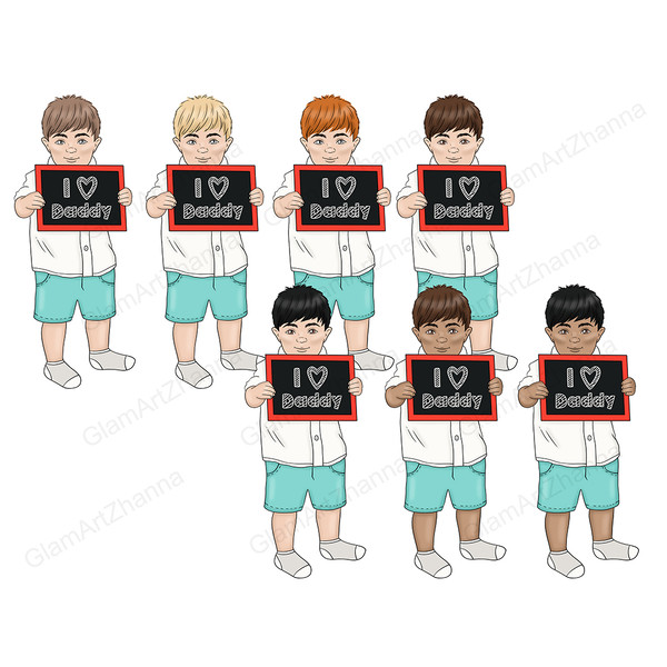 Boys in white shirts, turquoise shorts and gray socks hold signs saying I love daddy and celebrate father's day. Boys have different shades of skin colors and h