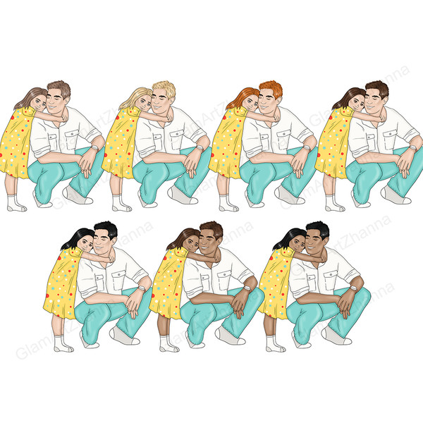Daughters in yellow pajama t-shirts with colorful dots print hug their fathers in white shirts and turquoise pants and celebrate father's day. Daughters and fat