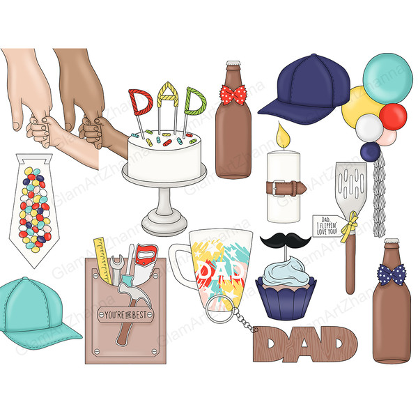 Ideas for gifts for father's day clipart elements. Colorful balloons, beer bottle, dad lettering cake, You're the best toolbox, Dad keychain, dad mug, moustache