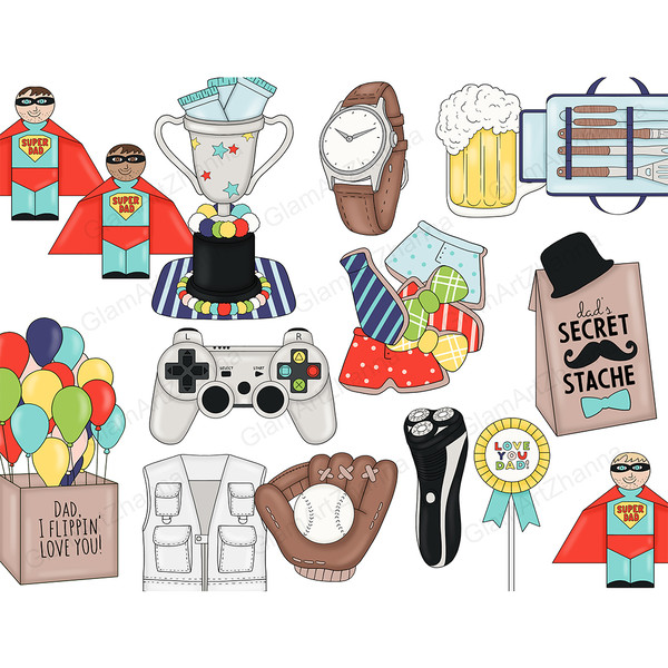 Ideas for gifts for father's day clipart elements. Colorful balloons tied to a box, beer mug, barbecue cutlery set, super dad figurines, star print cup, wrist w