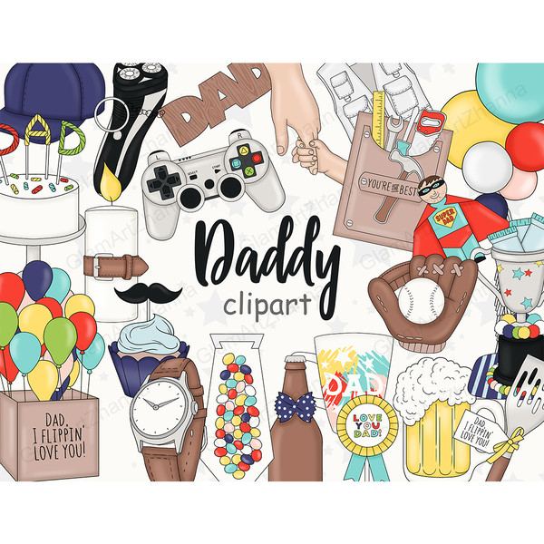 Ideas for gifts for father's day clipart elements. Colorful balloons, wristwatch with a strap, a bottle of beer, a razor, a cake with the letters dad, a cup wit
