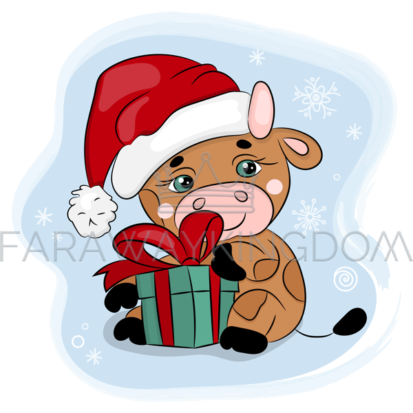 CUTE CARTOON BULL IN SANTA HAT ON A BLUE BACKGROUND [site].png