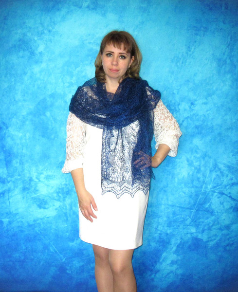 Hand knit navy blue scarf, Handmade Russian Orenburg shawl, Goat wool cover up, Lace pashmina, Kerchief, Stole, Tippet, Warm wrap, Cape 2.JPG