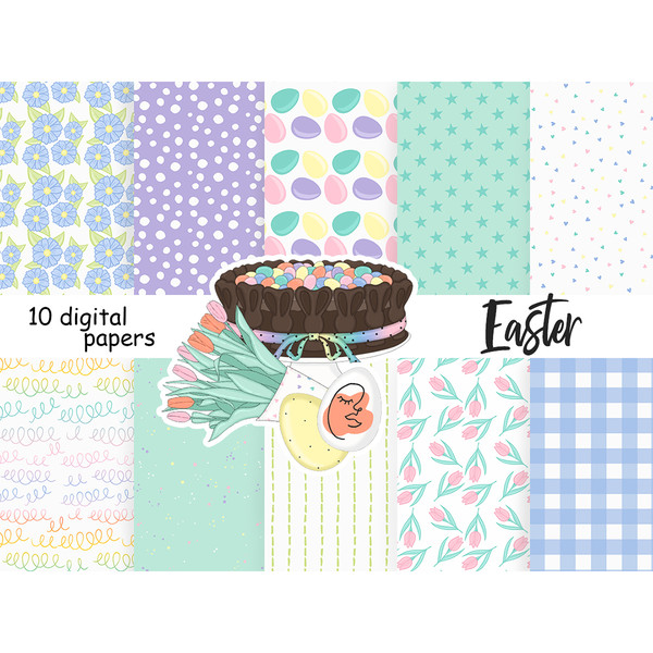 Bright pastel easter digital papers for crafting Easter. Blue spring flowers patterns. Purple with white polka dot seamless pattern. Bright Easter eggs digital