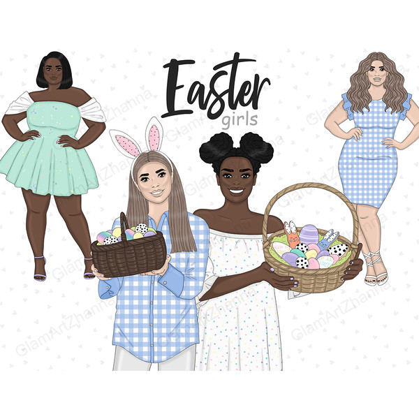 Girls celebrate Easter with baskets of colorful Easter eggs in their hands. A girl with a bunny headband. Girls in blue checkered clothes. A girl in a white dre