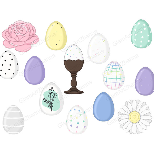 Light pastel Easter eggs painted in polka dot, yellow, purple, blue, green. Chamomile bud with yellow center. A bunch of pink peony. Easter egg on a wooden vint