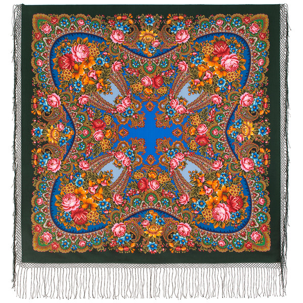 rare russian green pavlovo posad wool shawl 371-9
