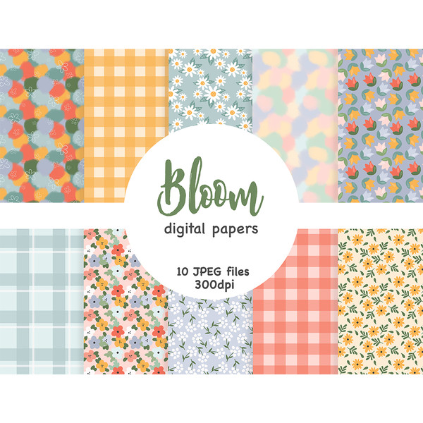 Spring orange, blue, red checkered digital patterns. Floral seamless paper with daisies, red, orange, blue, pink and yellow flowers. Pastel spots seamless paper