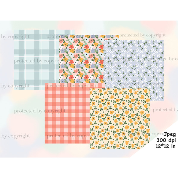 Spring blue and red checkered digital patterns. Floral seamless paper with daisies, red, orange, blue, pink and yellow flowers. Seamless paper gardering. Bright