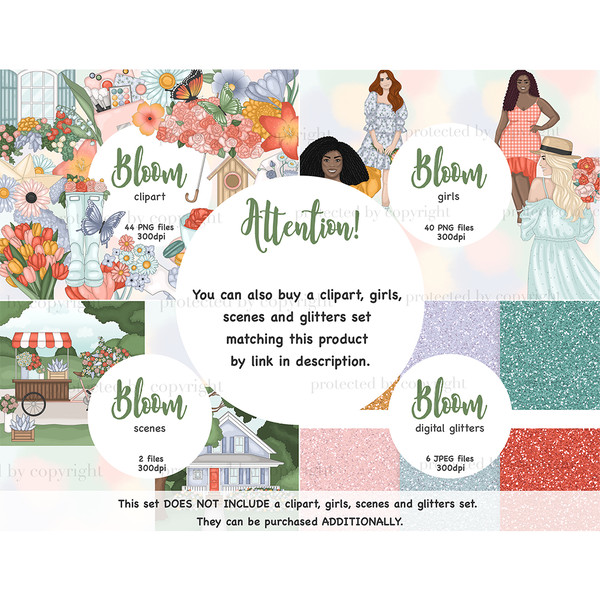 Bloom clipart elements for planner. Bright bouquets of tulips and roses. Girls in spring dresses with flowers in their hands. A two-story house with a spring fl