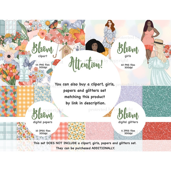 Bright bouquets of tulips and roses. Girls in spring dresses with flowers in their hands. Spring checkered digital patterns. Floral seamless paper pattern with