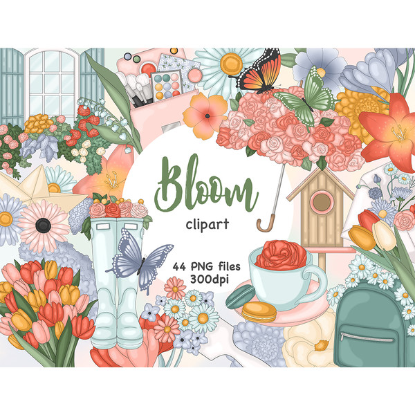 Spring flowers. Blooming garden with vintage farmhouse window. Umbrella made of roses. Wooden birdhouse. Makeup kit with brushes and shadows. Green rubber garde
