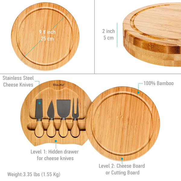 Bamboo Cheese Board and Knife Set - 10 inch Swiveling Charcuterie Board With Slide-Out Drawer, Serving Platter, Round Serving Tray, Wood Cheese Board Set - Birt
