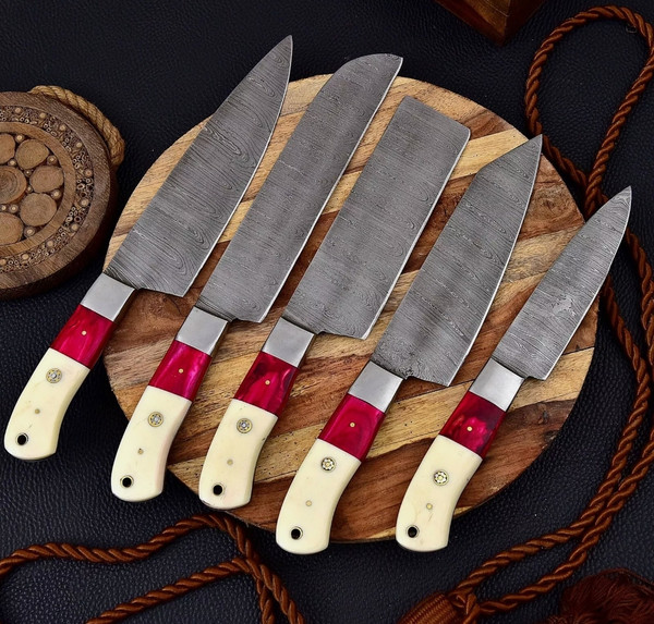 Custom Handmade Damascus Kitchen Chef Knife Set Personalized 