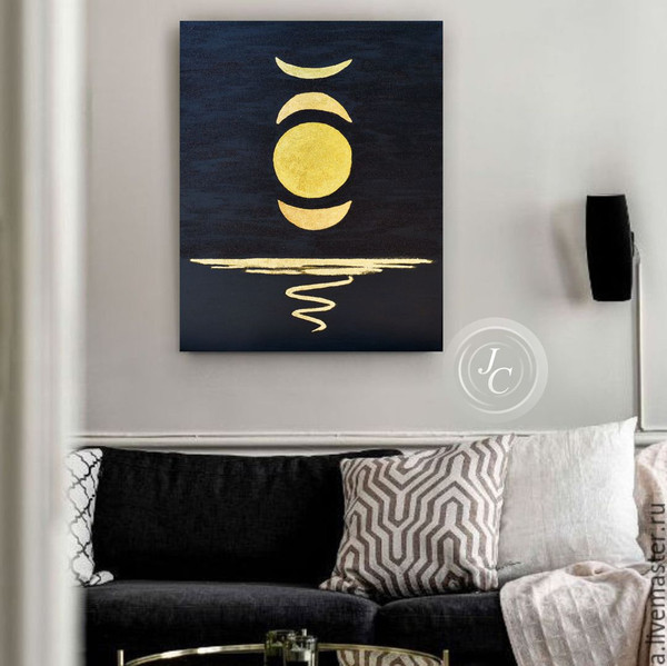 Round canvas painting in blue, gold and black