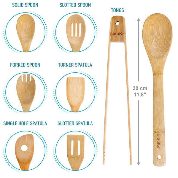 Wooden Spoons For Cooking 7-Pack – Bamboo Kitchen Utensils Set for Nonstick Cookware (Wooden Spatula, Cooking Spoon, Turner, Bamboo Tongs) – Wooden Utensils for