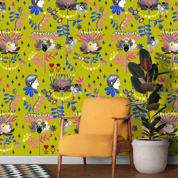 digital-pattern-seamless-ilustratins-desing-wallpaper-flowers-floral-stars-eyes-green-wall