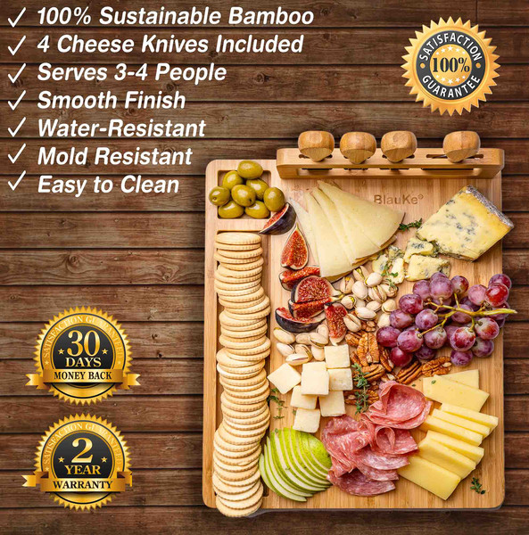 Bamboo Cheese Board And Knife Set – Wood Charcuterie Platter Serving Tray – Round Bamboo Cheese Board With Cutlery Set (Cheese Knives Included) - 13.jpg