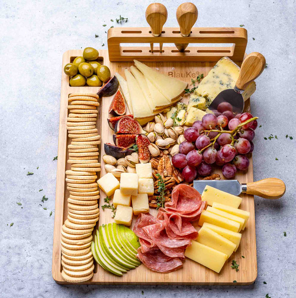 Bamboo Cheese Board And Knife Set – Wood Charcuterie Platter Serving Tray – Round Bamboo Cheese Board With Cutlery Set (Cheese Knives Included) - 45.jpg