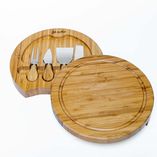 Bamboo Cheese Board And Knife Set – Wood Charcuterie Platter Serving Tray – Round Bamboo Cheese Board With Cutlery Set (Cheese Knives Included) - 71.jpg