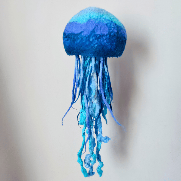 Felted hanging blue jellyfish for home decoration , diamete - Inspire Uplift