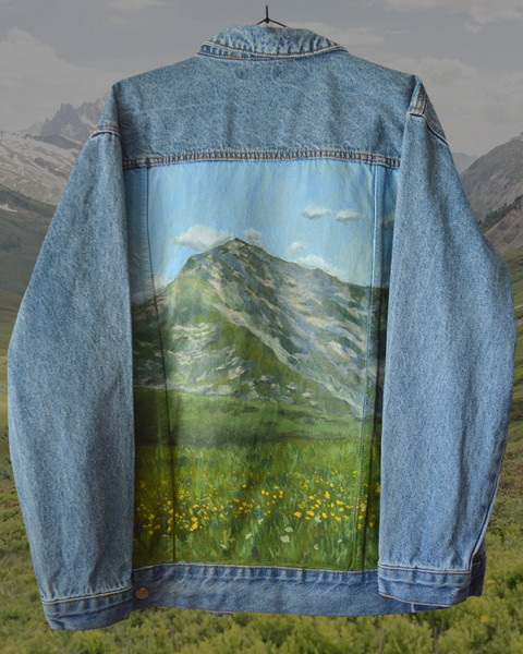 oversized handmade jean jacket with mountains custom painted