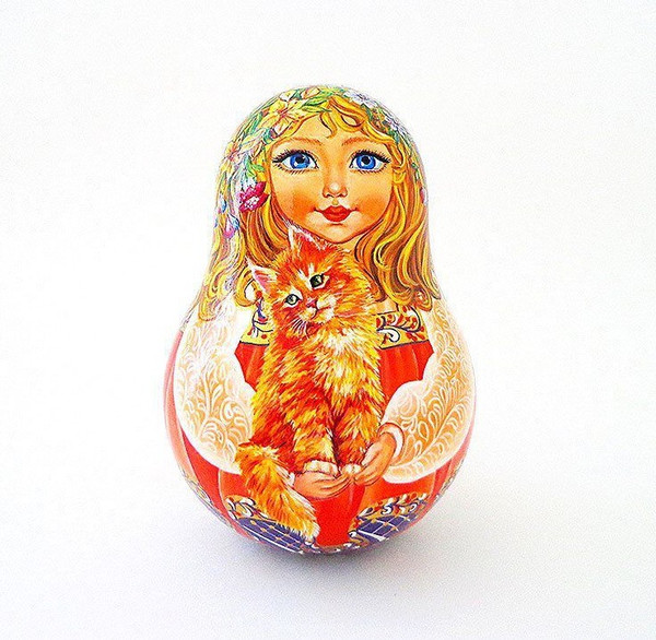 red cat music russian roly poly doll hand painted