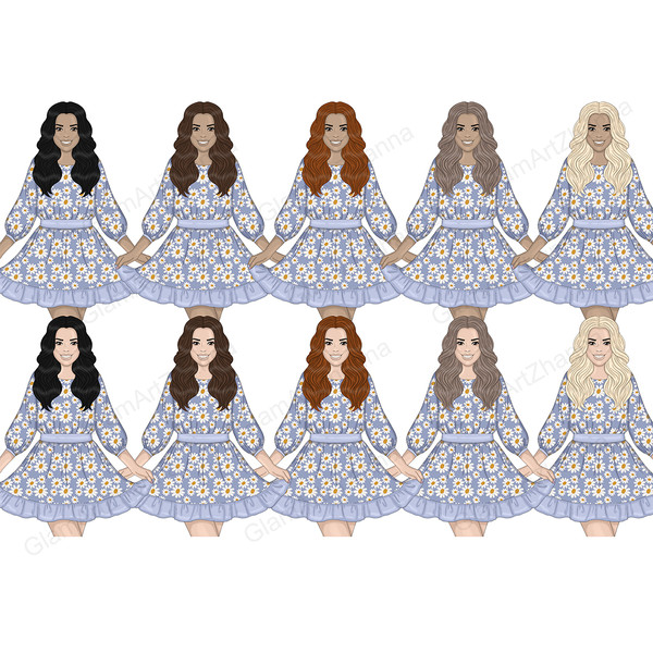 Clipart set of long-haired girls in bright blue summer dresses with colorful dots print and blue belt. Various shades of skin and hair colors