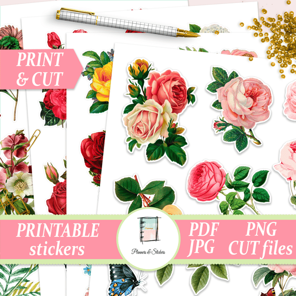 PRINTABLE FLORAL planner stickers Vintage flower decals Rose - Inspire  Uplift