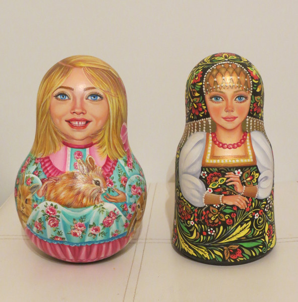 russian roly poly wooden music doll with rabbits