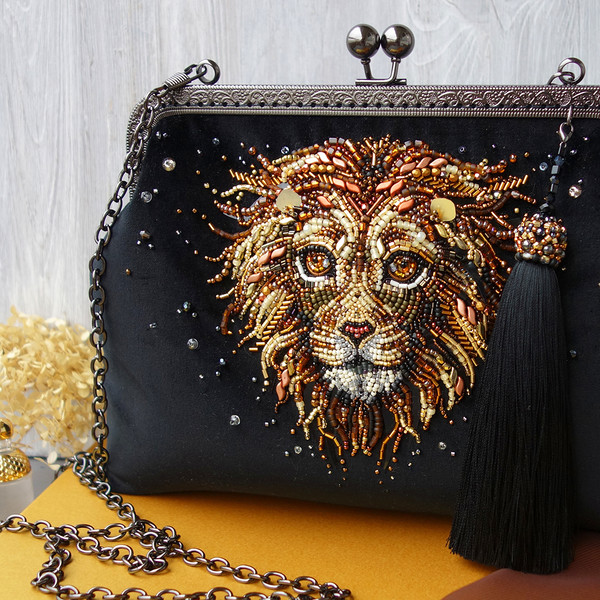 Lions Head Handbag in Bronse and Golden Shades, Personalized Black Velvet Beaded Crossbody Evening Bag | DragonLoverArt