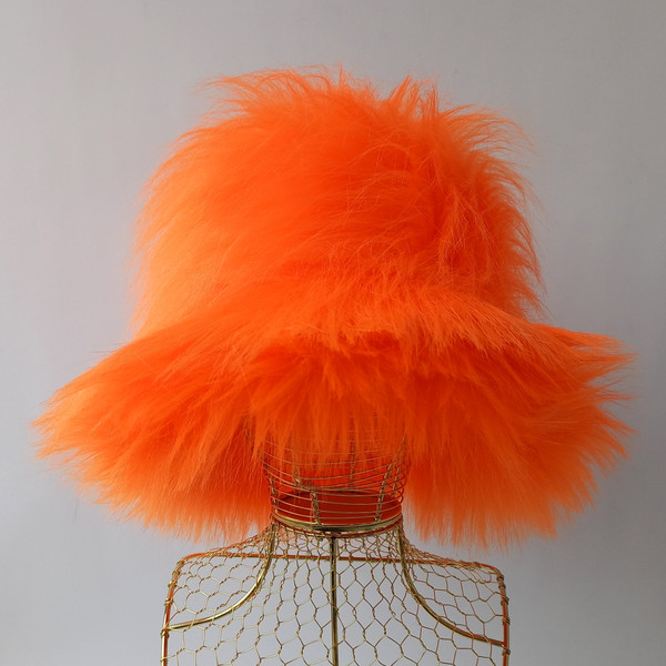 Bright orange hat. Faux fur bucket hat.