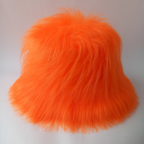 Bright orange hat. Faux fur bucket hat.