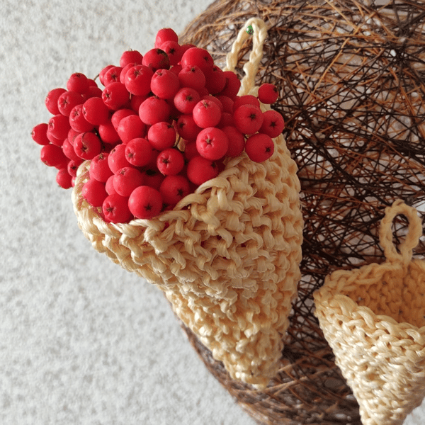 Basket Cone Knitting Pattern, farmhouse knitting decor, hanging storage basket, interior decor, small container tutorial 3.jpg