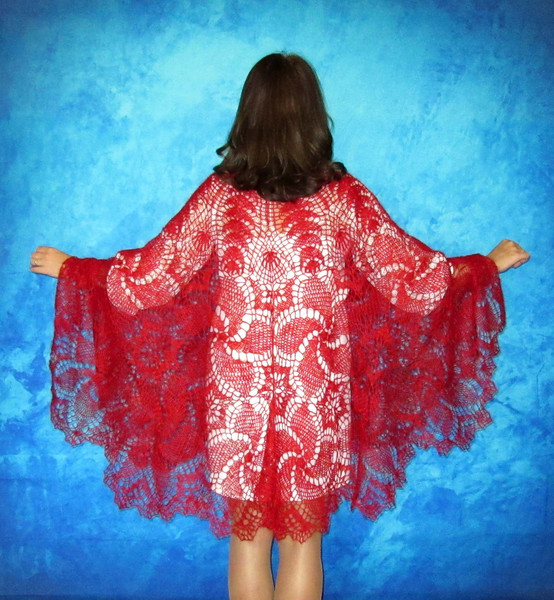 Red crochet openwork shawl, Hand knit warm Russian Orenburg shawl, Shoulder wrap, Goat down stole, Wool bridal cape, Cover up, Lace kerchief, Gift for a woman 2