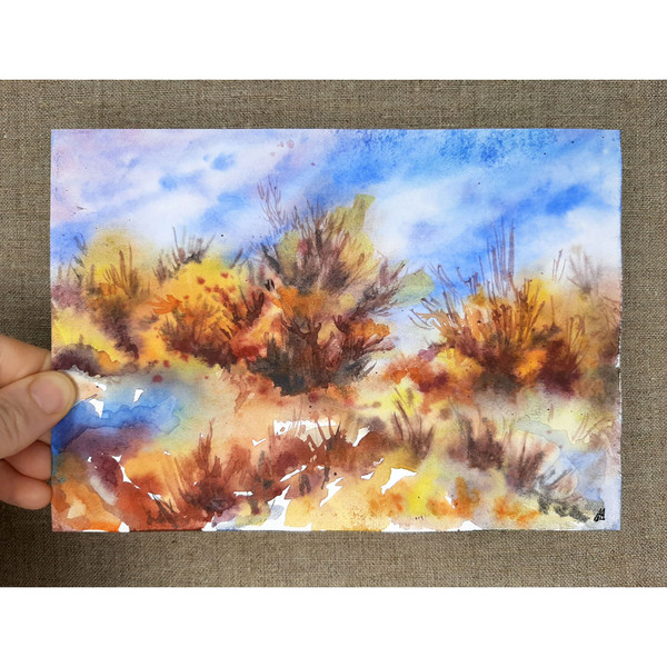 Bright fall day. Small Original painting in hand on canvas background.