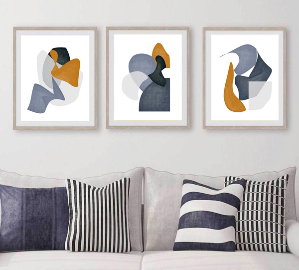 Three bright abstract geometric prints in yellow blue tones can be downloaded bright